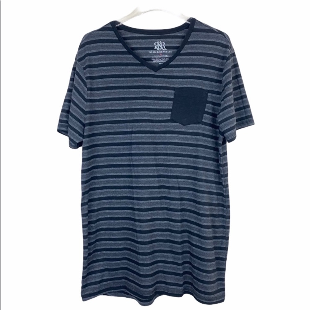 ROCK & REPUBLIC Gray Striped V-Neck T-Shirt Men XL